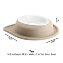 The WeatherTech Single Compact Pet Feeding System by Weathertech is a tan, oval-shaped ergonomic dog bowl with a wide rim and white inner dish. Measuring 14.5" x 14.5" x 3", it holds 64oz and sits securely on any flat surface.
