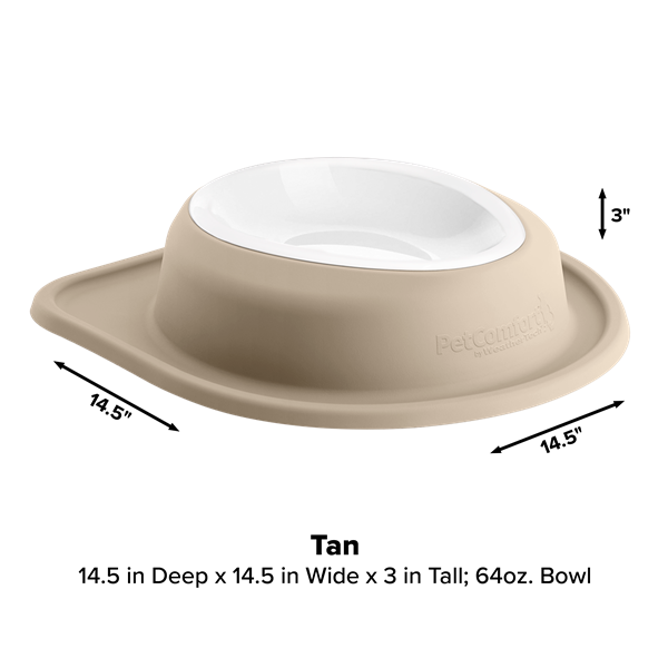 The WeatherTech Single Compact Pet Feeding System by WeatherTech is a tan ergonomic bowl with a wide, flat base, raised sides, measuring 14.5"x14.5"x3", holds 64 oz., features black measurement arrows for width/height, and is proudly made in America.