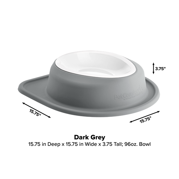 The WeatherTech Single Compact Pet Feeding System is a grey ergonomic dog bowl with a white rim by WeatherTech.