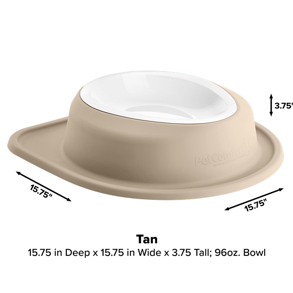 The WeatherTech Single Compact Pet Feeding System is a tan and white ergonomic dog bowl, designed for comfort, style, and easy access for your pet.