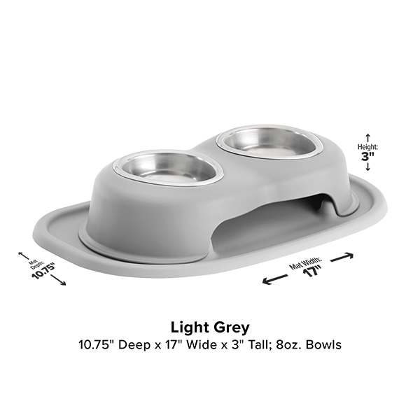 The WeatherTech Double Elevated Pet Feeding System by WeatherTech is a light grey, spill-proof pet bowl set with stainless steel bowls (8 oz. each), measuring 10.75" deep, 17" wide, and 3" tall.