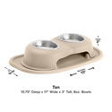 The WeatherTech Double Elevated Pet Feeding System by Weathertech features two 8 oz stainless steel bowls on a non-slip base. This ergonomic feeder measures 10.75" D x 17" W x 3" H, with clearly labeled dimensions around the set.