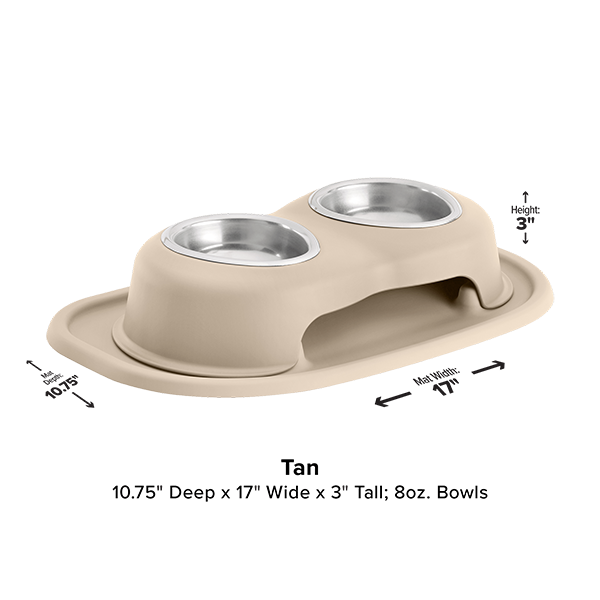 The WeatherTech Double Elevated Pet Feeding System by Weathertech features two 8 oz stainless steel bowls on a non-slip base. This ergonomic feeder measures 10.75" D x 17" W x 3" H, with clearly labeled dimensions around the set.