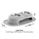 The WeatherTech Double Elevated Pet Feeding System by Weathertech features a light grey base, two 16 oz stainless steel bowls, and measures 12.25"D x 19.75"W x 4"H. All measurements and details are labeled on the product image.