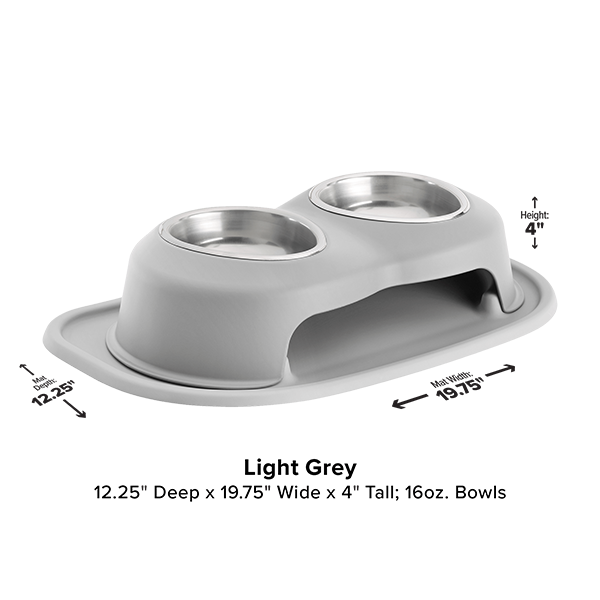 The WeatherTech Double Elevated Pet Feeding System by Weathertech features a light grey base, two 16 oz stainless steel bowls, and measures 12.25"D x 19.75"W x 4"H. All measurements and details are labeled on the product image.