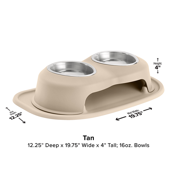 The WeatherTech Double Elevated Pet Feeding System by Weathertech features two 16oz stainless steel bowls on a raised base (12.25"D x 19.75"W x 4"H). Measurements and labels are shown in the image.