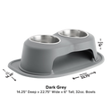 The WeatherTech Double Elevated Pet Feeding System by Weathertech features two 32 oz stainless steel bowls in a dark grey stand, measuring 14.25"D x 22.75"W x 6"H, shown on a white background for ergonomic dog feeding.