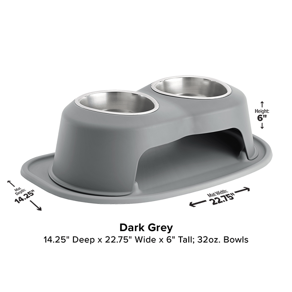 The WeatherTech Double Elevated Pet Feeding System by Weathertech features two 32 oz stainless steel bowls in a dark grey stand, measuring 14.25"D x 22.75"W x 6"H, shown on a white background for ergonomic dog feeding.