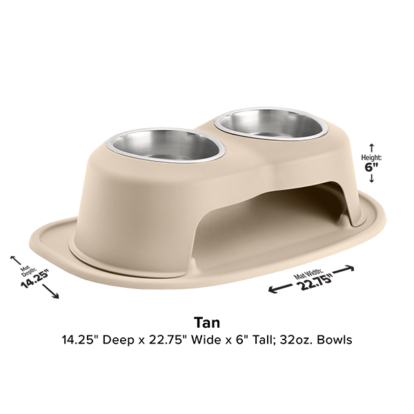The WeatherTech Double Elevated Pet Feeding System by Weathertech is a tan and silver spill-proof bowl designed to keep feeding areas tidy.