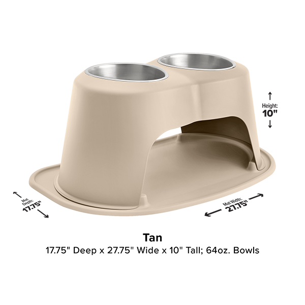 The WeatherTech Double Elevated Pet Feeding System is a tan ergonomic bowl set by Weathertech, featuring two bowls designed for comfortable feeding.
