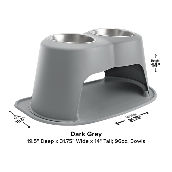 The WeatherTech Double Elevated Pet Feeding System by Weathertech features two 96 oz. stainless steel bowls, measures 19.5" deep, 31.75" wide, and 14" tall. Black arrows and text on the image indicate this dark grey feeder's ergonomic dimensions.