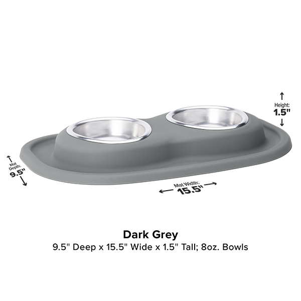 The WeatherTech Double Compact Pet Feeding System features two ergonomic 8 oz. stainless steel bowls on a raised dark grey base (9.5"D x 15.5"W x 1.5"H). Color, dimensions, and bowl capacity are displayed below the product image.
