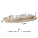 The WeatherTech Double Compact Pet Feeding System features two ergonomic 8 oz stainless steel bowls in a tan base. Space-saving design measures 9.5" D x 15.5" W x 1.5" H. Dimensions are labeled on the image. Brand: WeatherTech.