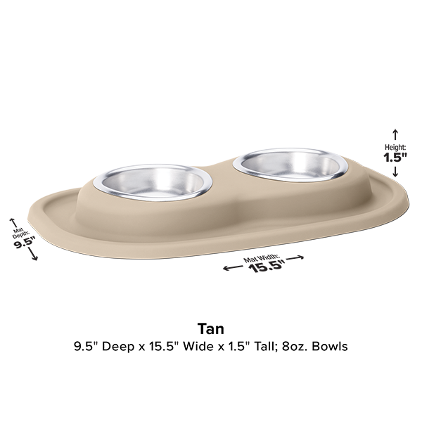 WeatherTech Double Compact Pet Feeding System by Weathertech features ergonomic bowls with stainless steel inserts; each holds 8 oz. Compact design measures 9.5" deep, 15.5" wide, 1.5" tall. Dimensions shown in product image.