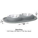 The WeatherTech Double Compact Pet Feeding System by WeatherTech features two 16 oz stainless steel bowls on a dark grey base, measuring 11.25"D x 18"W x 2"H, with labeled dimensions shown on a white background.