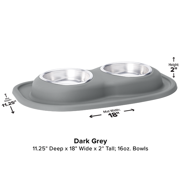 The WeatherTech Double Compact Pet Feeding System by WeatherTech features two 16 oz stainless steel bowls on a dark grey base, measuring 11.25"D x 18"W x 2"H, with labeled dimensions shown on a white background.