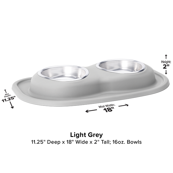 The WeatherTech Double Compact Pet Feeding System features two ergonomic 16 oz bowls on a light grey mat. Dimensions: 11.25" D x 18" W x 2" H, with arrows indicating size for this space-saving feeder by WeatherTech.