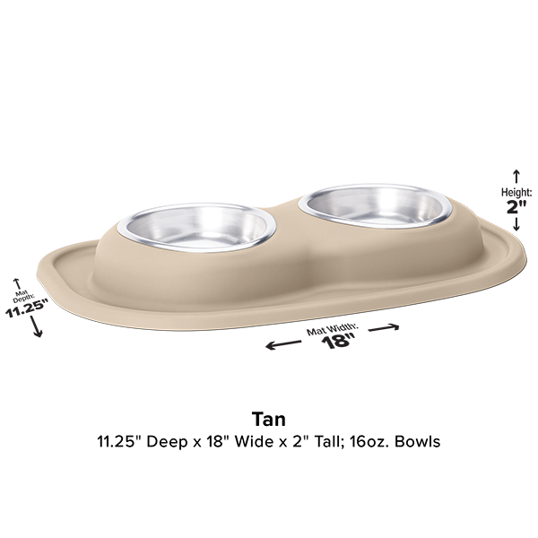 The WeatherTech Double Compact Pet Feeding System by Weathertech features two ergonomic 16 oz bowls on a tan non-slip mat. Space-saving design measures 11.25"D x 18"W x 2"H. Text labels and measurements are shown in the image.