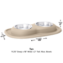 The WeatherTech Double Compact Pet Feeding System features two ergonomic 16 oz bowls in a raised tan base (11.25"D x 18"W x 2"H), making it a space-saving feeder for your pet. Measurements shown with arrows. Brand: Weathertech.