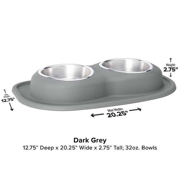 The WeatherTech Double Compact Pet Feeding System in dark grey features two ergonomic stainless steel 32 oz bowls on a raised 12.75"D x 20.25"W x 2.75"H base, with arrows showing measurements for this space-saving pet feeder by WeatherTech.