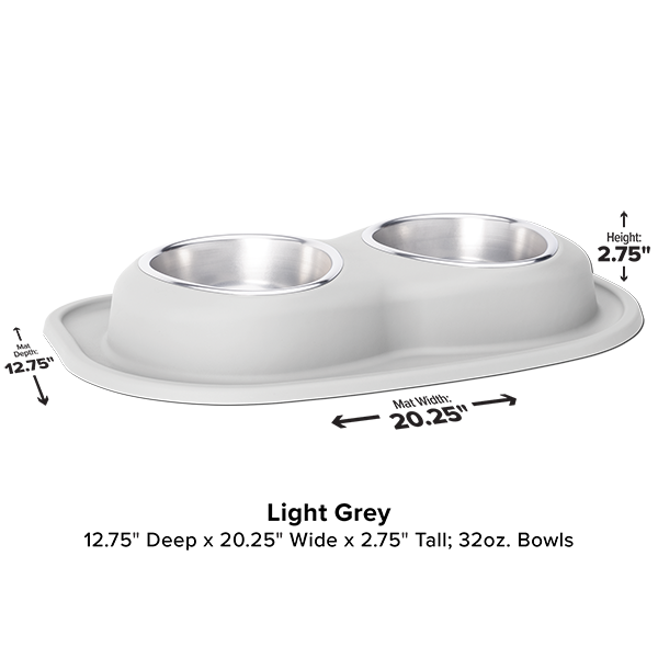 The WeatherTech Double Compact Pet Feeding System in light grey features two ergonomic 32oz bowls. This space-saving feeder from Weathertech measures 12.75"D x 20.25"W x 2.75"H, with dimensions shown in the image.