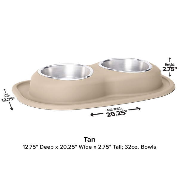 The WeatherTech Double Compact Pet Feeding System features two ergonomic 32 oz bowls on an oval base, measuring 12.75"D x 20.25"W x 2.75"H. Measurement arrows highlight its space-saving design.