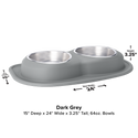 The WeatherTech Double Compact Pet Feeding System by WeatherTech features two 64 oz stainless steel bowls with measurement marks on a gray silicone base. Space-saving and ergonomic, it measures 15" D x 24" W x 3.25" H.
