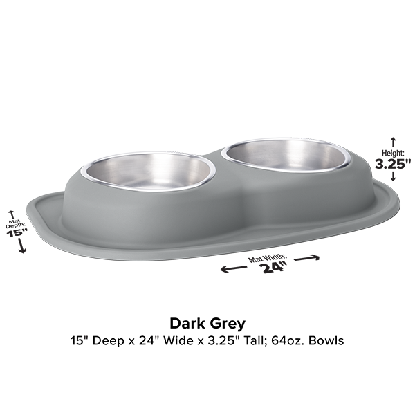 The WeatherTech Double Compact Pet Feeding System by Weathertech is a dark grey, space-saving unit with two ergonomic 64 oz stainless steel bowls on an attached mat, measuring 15"D x 24"W x 3.25"H.