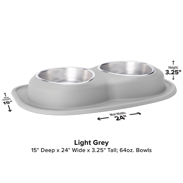 The WeatherTech Double Compact Pet Feeding System by WeatherTech features two ergonomic 64 oz bowls on a non-slip light grey base (15" deep x 24" wide x 3.25" tall) with measurement labels for a space-saving feeding solution.