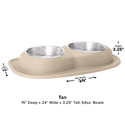 WeatherTech Double Compact Pet Feeding System by WeatherTech features two ergonomic 64-oz pet bowls on a tan base. Dimensions: 15" deep, 24" wide, 3.25" tall, with labeled height, width, and depth for space-saving convenience.