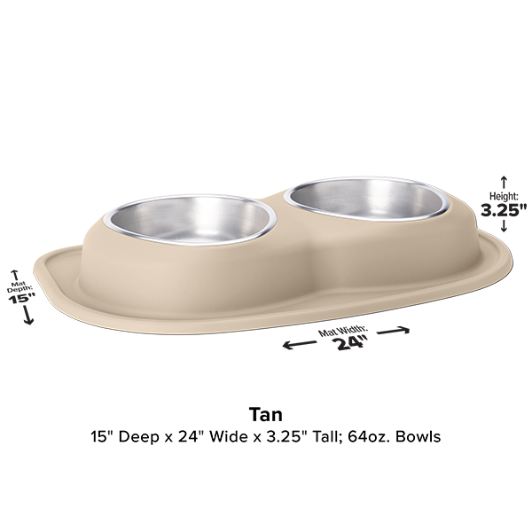 WeatherTech Double Compact Pet Feeding System by WeatherTech features two ergonomic 64-oz pet bowls on a tan base. Dimensions: 15" deep, 24" wide, 3.25" tall, with labeled height, width, and depth for space-saving convenience.