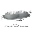 The WeatherTech Double Compact Pet Feeding System by WeatherTech features ergonomic stainless steel bowls (96oz each) in a dark grey silicone base, measuring 16.5" D x 26.75" W x 3.75" H—ideal for saving space and easy feeding.
