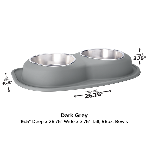 The WeatherTech Double Compact Pet Feeding System by WeatherTech features ergonomic stainless steel bowls (96oz each) in a dark grey silicone base, measuring 16.5" D x 26.75" W x 3.75" H—ideal for saving space and easy feeding.