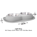 The WeatherTech Double Compact Pet Feeding System by WeatherTech has ergonomic stainless steel bowls (96 oz. each) in a light grey raised base, saving space in any home. Dimensions are shown in the image for easy reference.