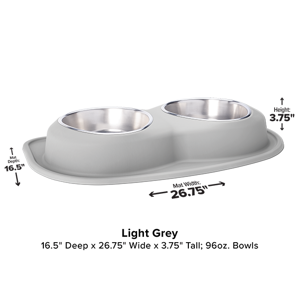The WeatherTech Double Compact Pet Feeding System by WeatherTech has ergonomic stainless steel bowls (96 oz. each) in a light grey raised base, saving space in any home. Dimensions are shown in the image for easy reference.