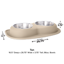 The WeatherTech Double Compact Pet Feeding System features two ergonomic bowls (96 oz each) on a non-slip mat, measuring 16.5" deep, 26.75" wide, and 3.75" tall. Measurement arrows highlight its convenient size for feeding.