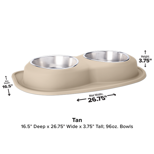 The WeatherTech Double Compact Pet Feeding System features two ergonomic bowls (96 oz each) on a non-slip mat, measuring 16.5" deep, 26.75" wide, and 3.75" tall. Measurement arrows highlight its convenient size for feeding.