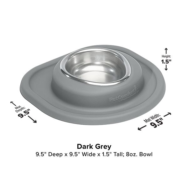 The WeatherTech Single Compact Pet Feeding System by WeatherTech features a stainless steel ergonomic bowl in a dark grey silicone base, measures 9.5" deep/wide, stands 1.5" tall, holds 8 oz; text and arrows highlight dimensions on white background.