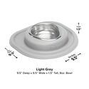 The WeatherTech Single Compact Pet Feeding System by Weathertech is a light grey, ergonomic dog bowl with a stainless steel insert. It measures 9.5"x9.5"x1.5" and holds 8 oz; text and arrows highlight its dimensions.