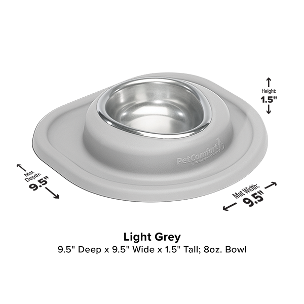 The WeatherTech Single Compact Pet Feeding System in Light Grey features an ergonomic design with a stainless steel insert, sits on a square mat, measures 9.5" x 9.5" x 1.5", and holds 8 oz. Brand: WeatherTech.