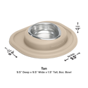The WeatherTech Single Compact Pet Feeding System by WeatherTech is a tan ergonomic dog bowl with a stainless steel insert in a tan base, measuring 9.5" W x 9.5" D x 1.5" H and holding 8 oz, with dimension arrows shown around the bowl.