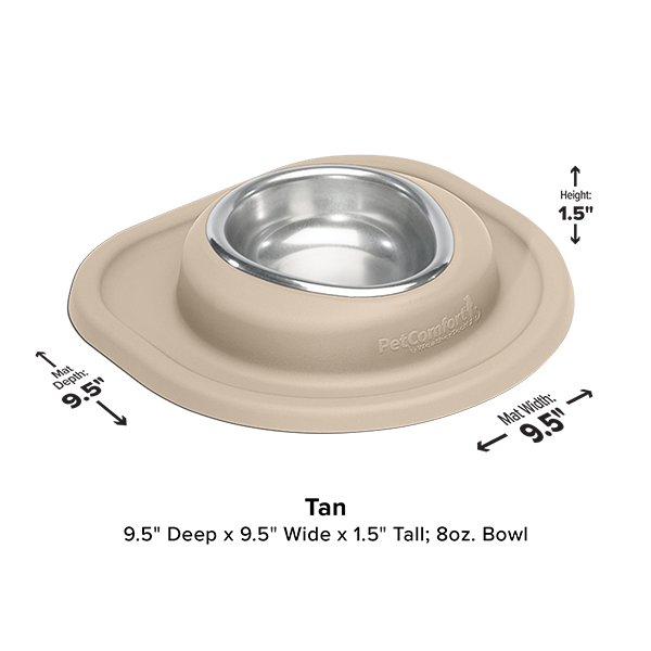The WeatherTech Single Compact Pet Feeding System by WeatherTech is a tan ergonomic dog bowl with a stainless steel insert in a tan base, measuring 9.5" W x 9.5" D x 1.5" H and holding 8 oz, with dimension arrows shown around the bowl.