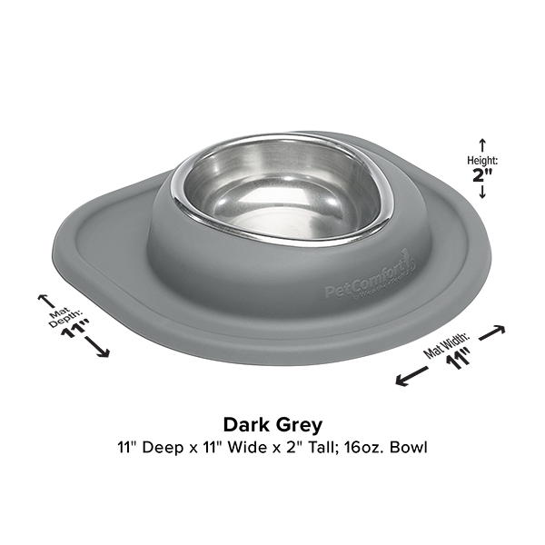 The WeatherTech Single Compact Pet Feeding System by WeatherTech is a dark grey ergonomic dog bowl with a stainless steel insert, 11"x11"x2", holds 16 oz, and features a wide spill-proof base for pets.