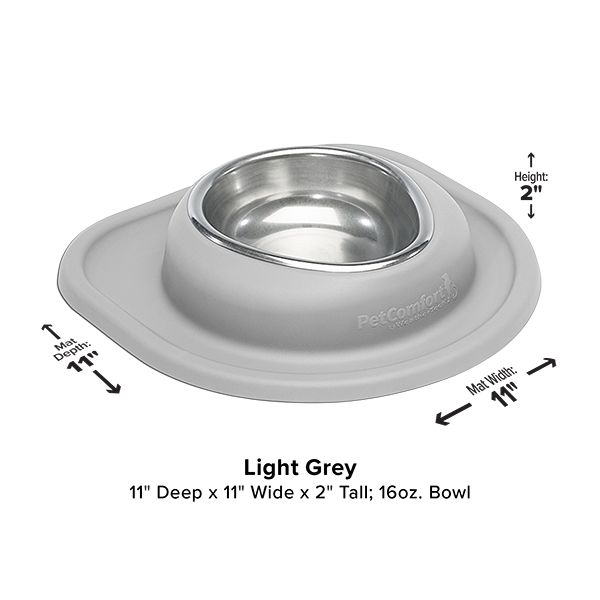 The WeatherTech Single Compact Pet Feeding System by Weathertech is a light grey, round, ergonomic dog bowl with a 16 oz stainless steel insert, text measurement labels, and non-slip base. Dimensions: 11"x11"x2". Proudly made in America.