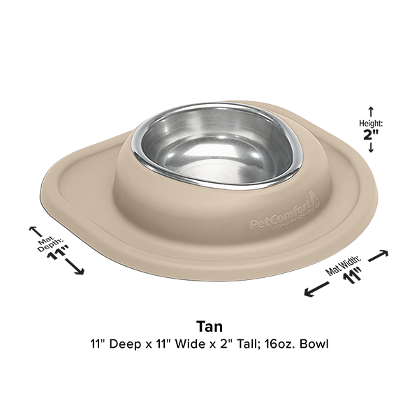 The WeatherTech Single Compact Pet Feeding System is a tan ergonomic dog bowl with a wide, rubberized base and removable stainless steel insert. It measures 11"x11"x2", holds 16 oz., and is made in America by WeatherTech.
