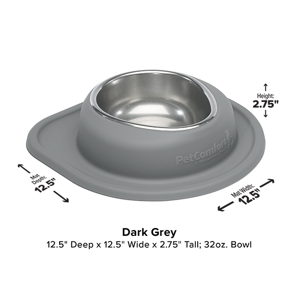 The WeatherTech Single Compact Pet Feeding System features a stainless steel ergonomic dog bowl in a dark grey silicone base. Measuring 12.5" x 12.5" x 2.75", it holds 32 oz. Arrows show dimensions; text reads "Dark Grey." Brand: WeatherTech.