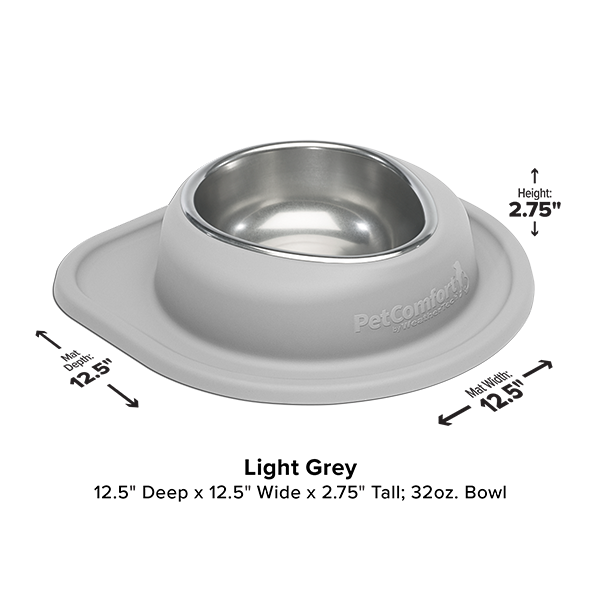 The WeatherTech Single Compact Pet Feeding System by WeatherTech is a light grey ergonomic dog bowl with a stainless steel insert, measuring 12.5"x12.5"x2.75" and holding up to 32 oz. Measurement arrows and text overlay the image.