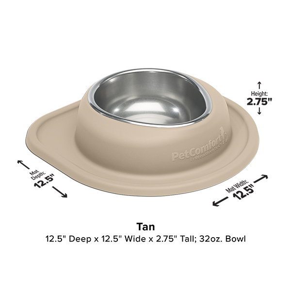 The WeatherTech Single Compact Pet Feeding System in tan features a stainless steel insert, measures 12.5" deep x 12.5" wide x 2.75" tall, holds 32 oz., and displays the WeatherTech logo on the side with arrows marking dimensions.