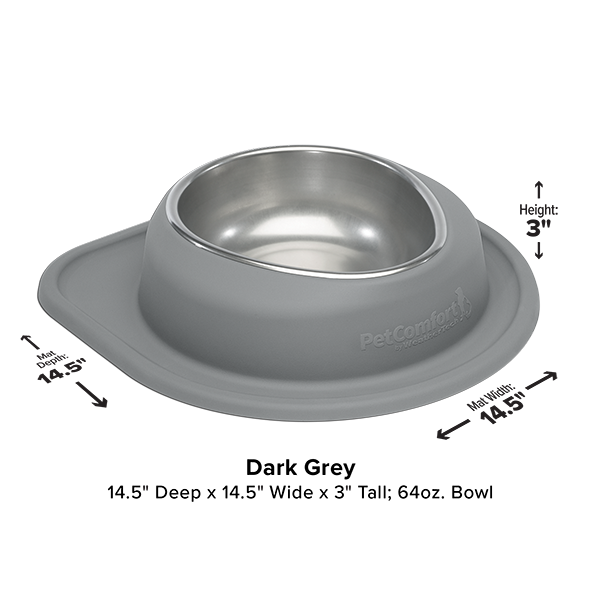 The WeatherTech Single Compact Pet Feeding System is a grey, ergonomic dog bowl with measurements—practical, precise, and stylish from WeatherTech.