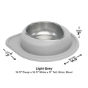 The WeatherTech Single Compact Pet Feeding System features a light grey, ergonomic design with a wide non-slip base, clear measurement labels, and a 64-ounce stainless steel bowl at the center. Made in America by WeatherTech.